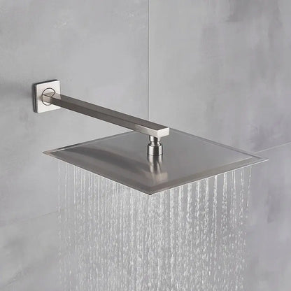 Modern brushed nickel square rainfall shower head in stainless steel with a sleek polished finish for bathroom use