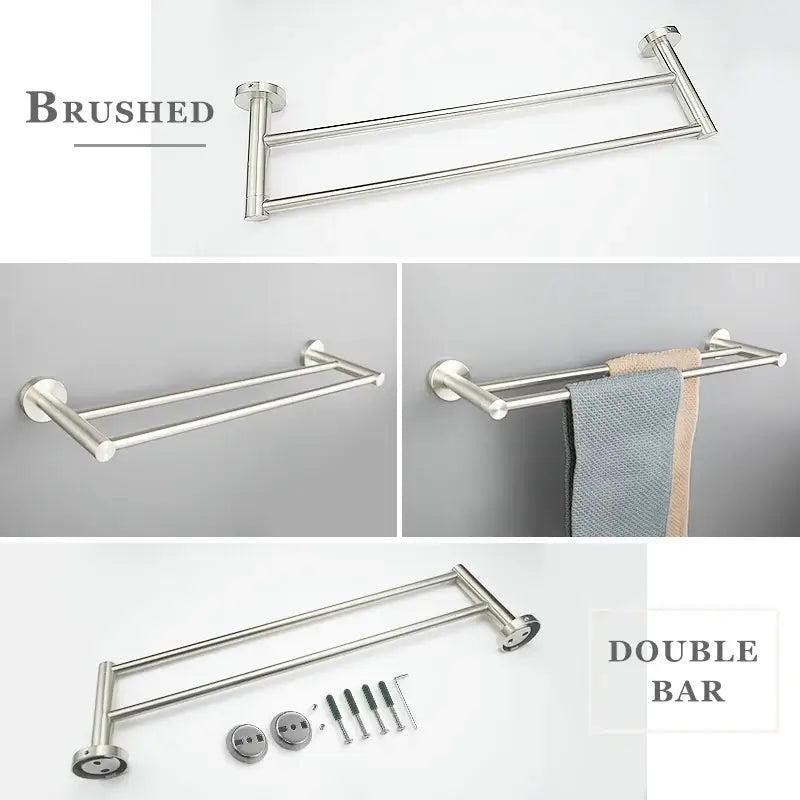 Modern brushed nickel stainless steel double bar towel rack with sleek design and included hardware set for bathroom use