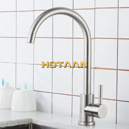 Modern brushed nickel stainless steel kitchen faucet with a sleek curved spout and minimalist design for kitchens