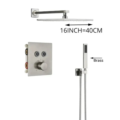 Modern brushed nickel shower faucet set with 16-inch stainless steel rain shower head and handheld brass showerhead