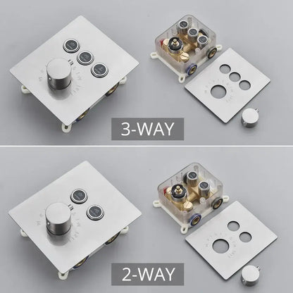 Modern brushed nickel thermostatic shower faucet set with stainless steel control panel and rotary knob for temperature control