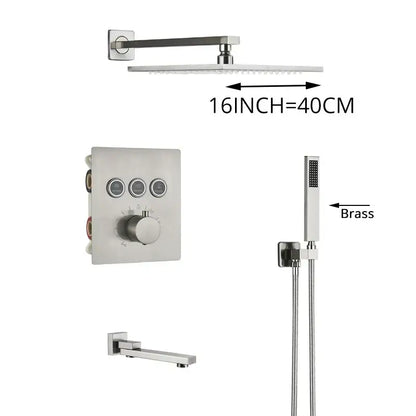 Modern brushed nickel shower faucet set with 16-inch rainhead wall-mounted controls and handheld brass shower head