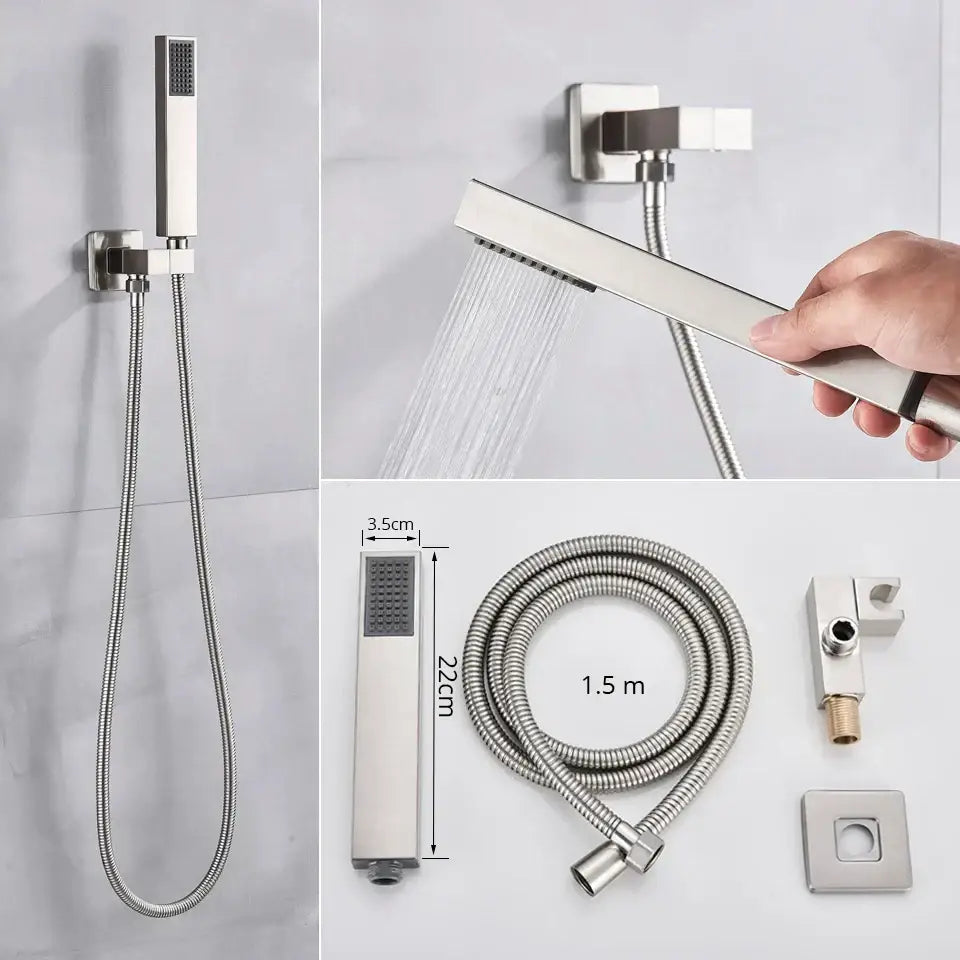 Modern brushed nickel shower faucet set with rectangular handheld nozzle and wall-mounted thermostatic rainfall faucet set