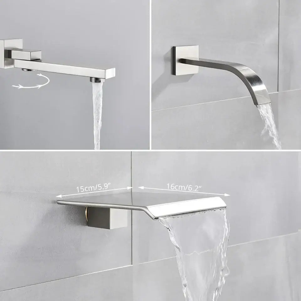 Modern brushed nickel shower faucet set with chrome finish, angular design, and waterfall spout for bathroom rainfall use