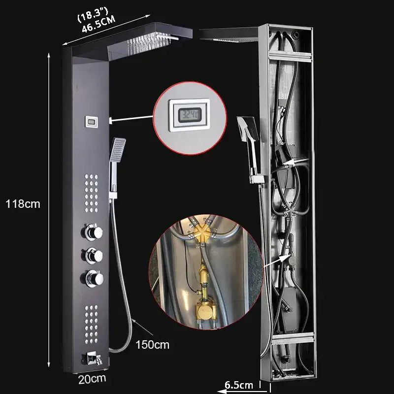 Modern brushed nickel waterfall rain shower panel with black chrome finish digital temperature display and multiple spray heads