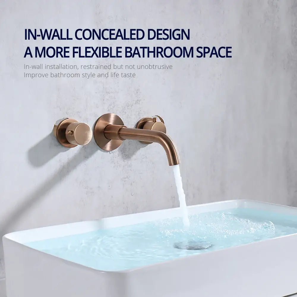 Modern brushed rose gold dual handle wall mount faucet with brass-finished valve control and curved spout design
