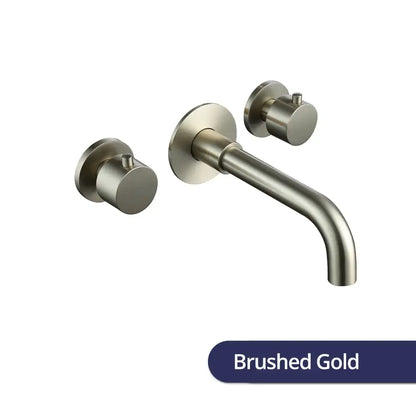 Modern brushed gold dual handle wall mount faucet with valve control and sleek curved spout for bathroom use