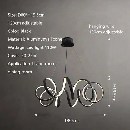 Modern black aluminum and silicone decorbites creative twisted led chandelier with interlocking rings for living rooms