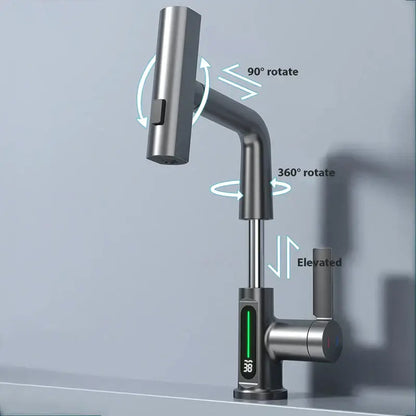 Modern brushed stainless steel basin faucet with decorbites digital display and sleek digital display waterfall design
