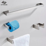 Modern brushed stainless steel bath hardware set featuring a sleek towel rack with a brushed finish for bathroom use