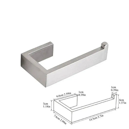 Modern brushed stainless steel toilet paper holder with sleek rectangular design in a minimalist bath hardware set