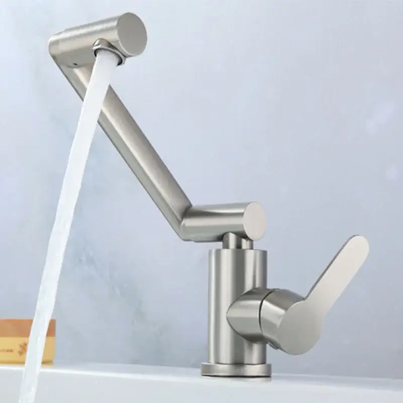 Modern brushed stainless steel bathroom faucet with sleek articulated spout for kitchen basin use and minimalist design