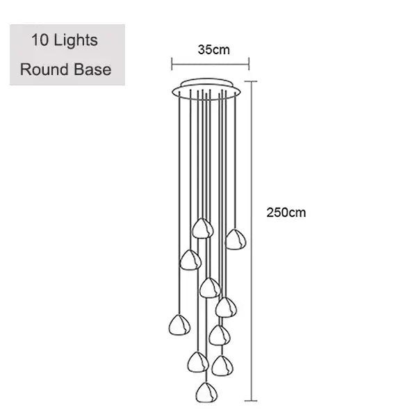Modern brushed stainless steel pendant light with 10 teardrop-shaped lights suspended for staircase lighting