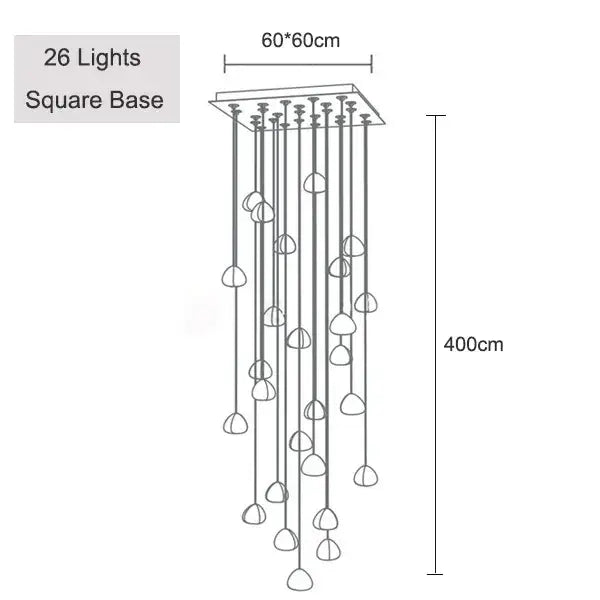 Modern brushed stainless steel pendant light with 26 frosted glass teardrop lights suspended from square base
