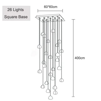 Modern brushed stainless steel pendant light with 26 frosted glass teardrop lights suspended from square base