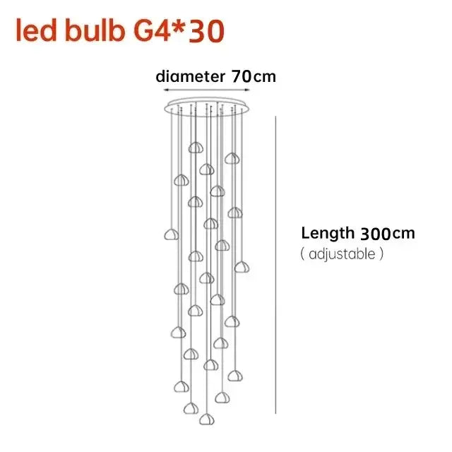 Modern brushed stainless steel pendant light with 30 g4 led bulbs in a cascading crystal globe design for staircases