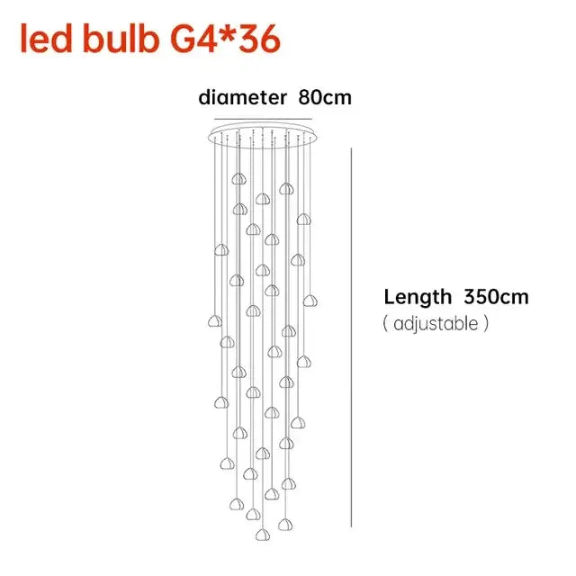 Modern brushed stainless steel pendant light with 36 g4 bulbs in a cascading design for staircase lighting