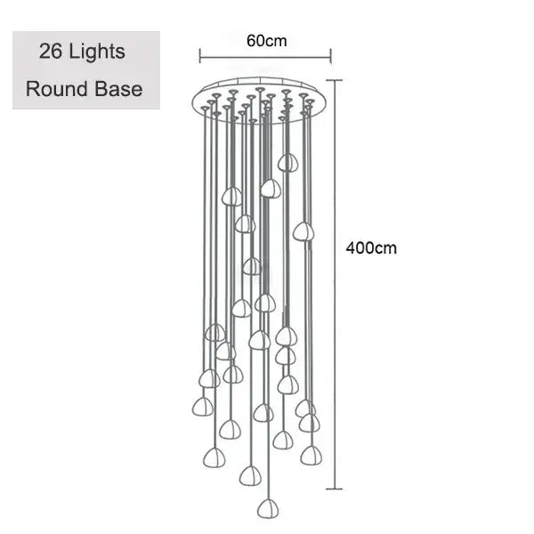 Modern brushed stainless steel pendant light with 26 teardrop glass shades and sleek metallic rods, 400cm tall chandelier