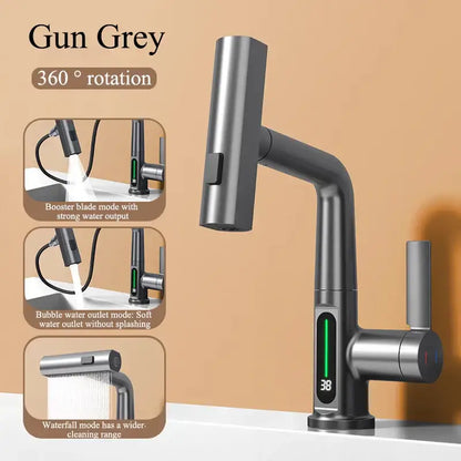 Modern brushed stainless steel gun grey basin faucet with 360-degree rotation and decorbites digital display waterfall feature