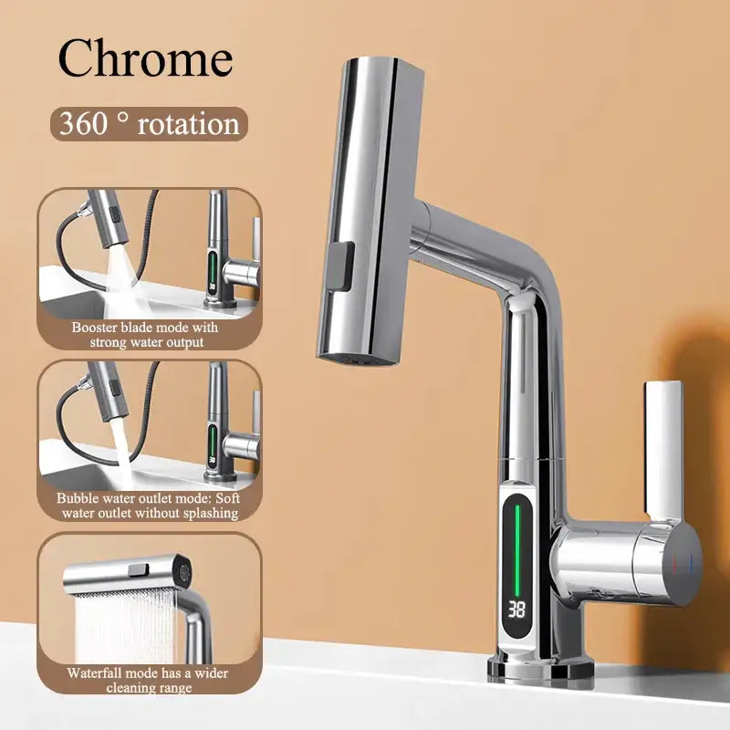 Chrome finished modern brushed stainless steel basin faucet with decorbites digital display and 360 degree spray modes