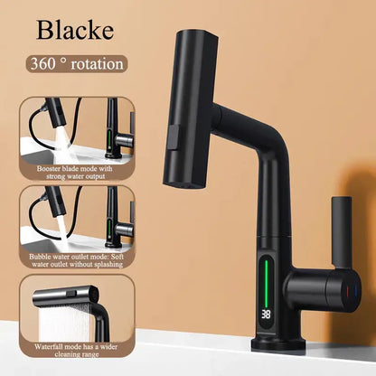 Modern brushed stainless steel basin faucet with black matte finish 360-degree rotation and decorbites digital display waterfall