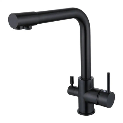 Modern brushed stainless steel dual handle kitchen filter faucet with black matte finish and sleek, modern design