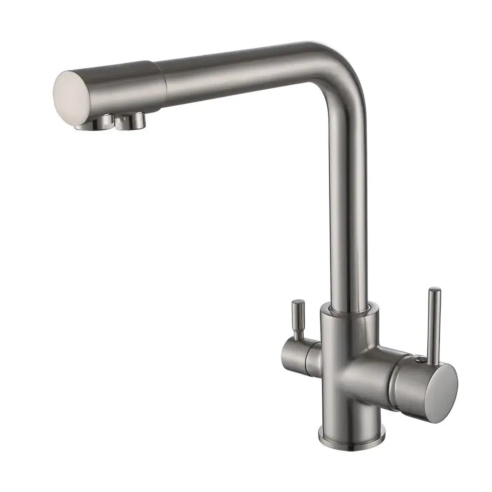 Modern brushed stainless steel dual handle kitchen filter faucet with sleek curved spout and two vertical handles