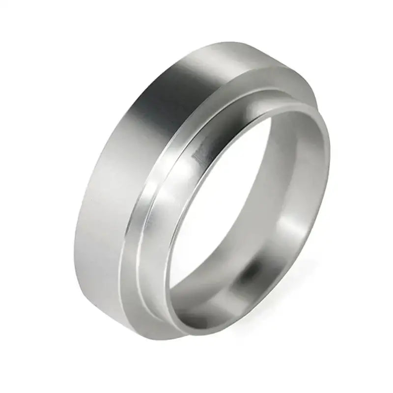 Modern brushed stainless steel espresso dosing ring with two concentric bands for precise decorbites espresso dosing