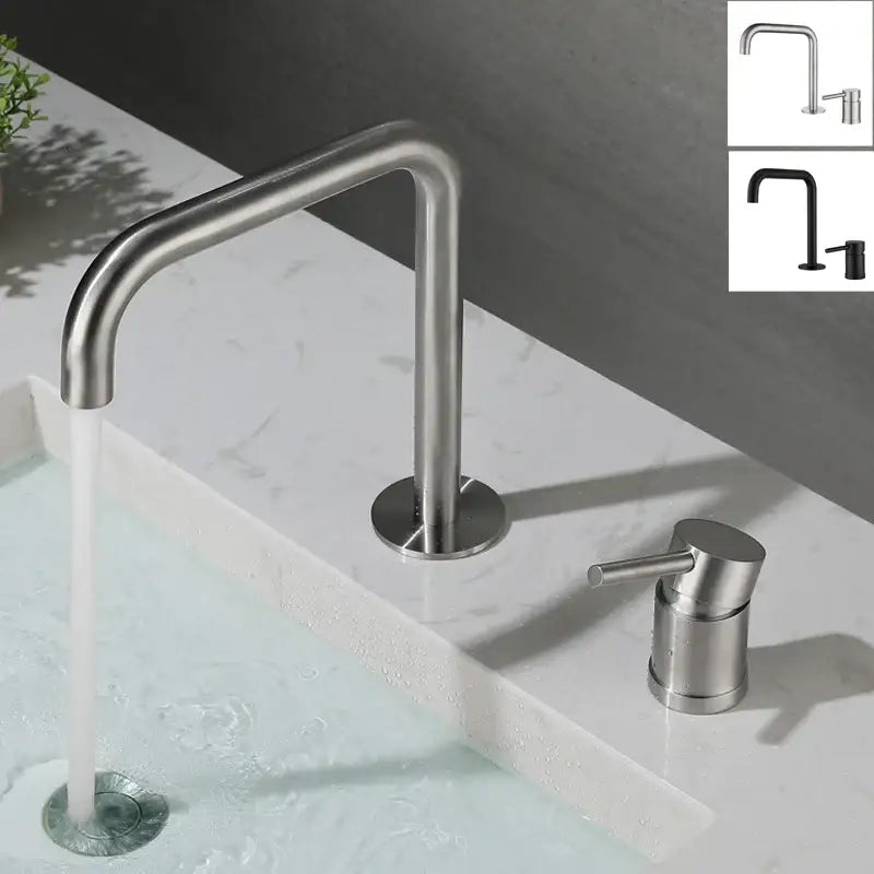 Modern brushed stainless steel kitchen faucet with sleek curved spout and cylindrical handle in brushed stainless finish
