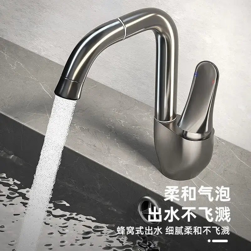 Modern brushed stainless steel kitchen faucet with matte black finish and rotating ceramic spool for aerated water flow