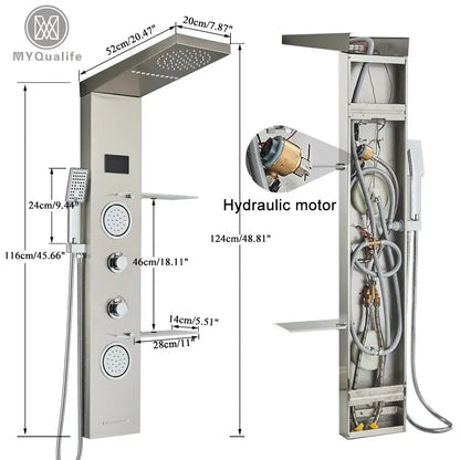 Modern brushed stainless steel led light shower column with rectangular rainhead and multiple control knobs faucet