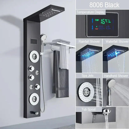 Black 8006 model shower column in brushed stainless steel with LED light, multiple spray heads, and digital temperature display