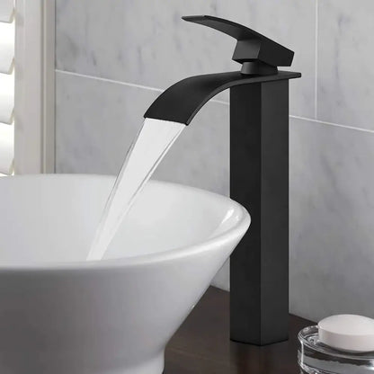 Modern brushed stainless steel basin faucet in black matte finish with sleek brass waterfall basin design for bathroom decorbites brass waterfall tap