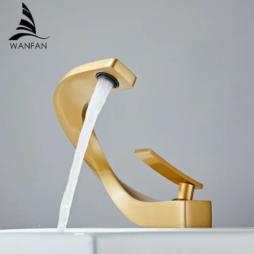Gold modern decorbites basin faucet with sleek curved design and brushed stainless steel finish for bathroom use