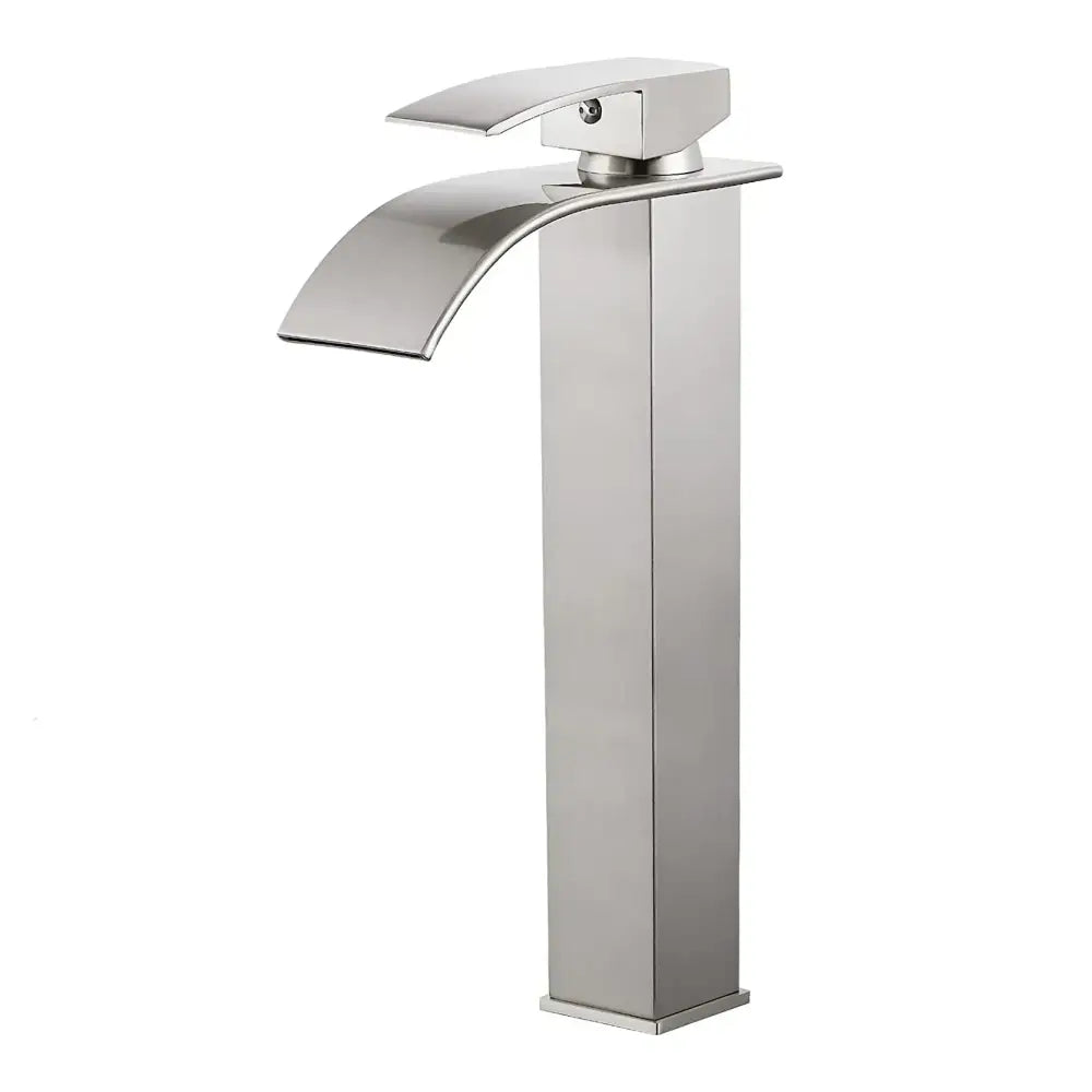 Modern brushed stainless steel basin faucet with sleek minimalist design featuring brass waterfall basin style for bathroom decorbites