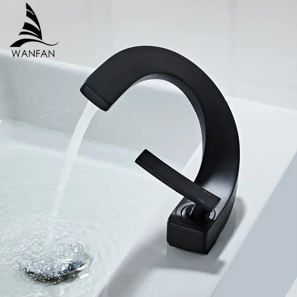 Modern black matte wanfan decorbites basin faucet with sleek curved spout and rectangular handle in brushed stainless steel