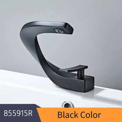 Black matte decorbites basin faucet with sleek curved design in modern brushed stainless steel waterfall style