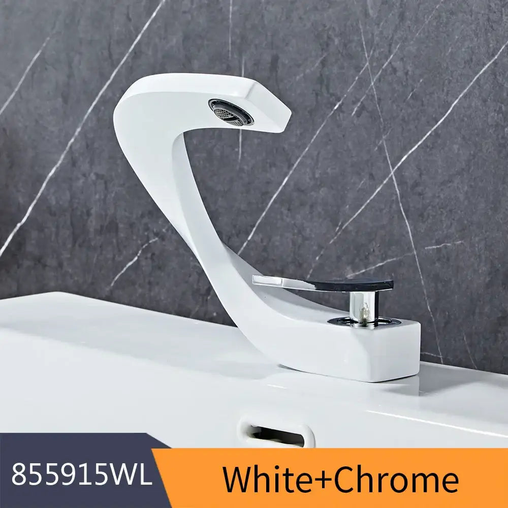 Modern brushed stainless steel decorbites basin faucet with white ceramic curved design and chrome accents for bathroom use