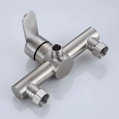Stainless steel shower valve with sleek modern design and three threaded outlets for a brushed stainless steel bathroom mixer
