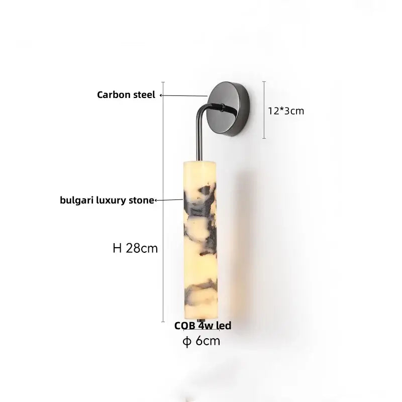 A sleek 28cm bulgari stone led wall light with cream and dark veining mounted on carbon steel hardware for bedroom decorbites