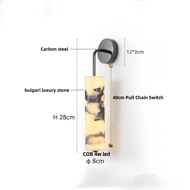 A sleek 28cm tall wall light with polished bulgari stone and carbon steel bracket for modern bedroom decorbites bulgari stone