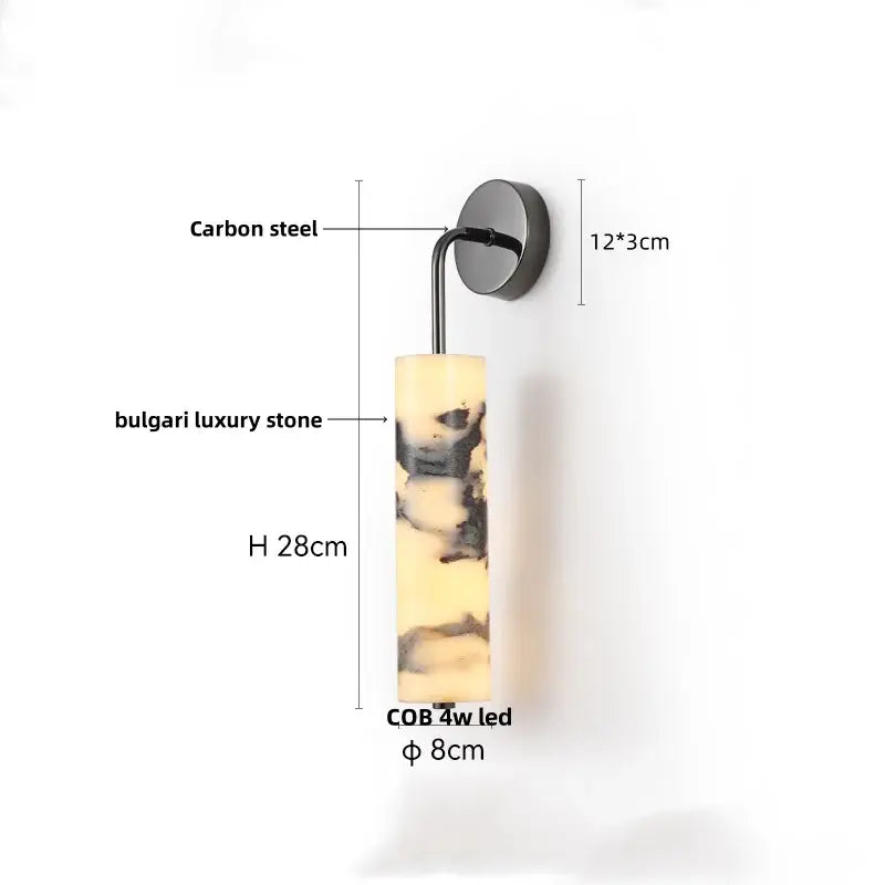 A modern bulgari stone led wall light with polished carbon steel bracket and beige swirling alabaster shade for bedroom decor