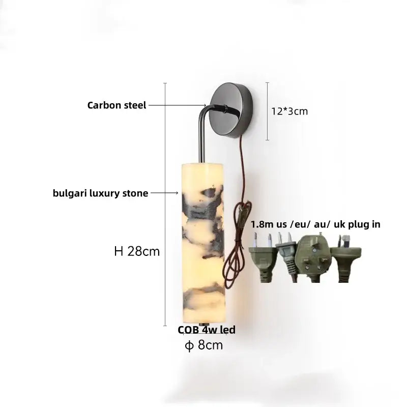 A sleek 28cm tall decorbites bulgari stone led wall light with polished cream and dark veining for bedroom decor