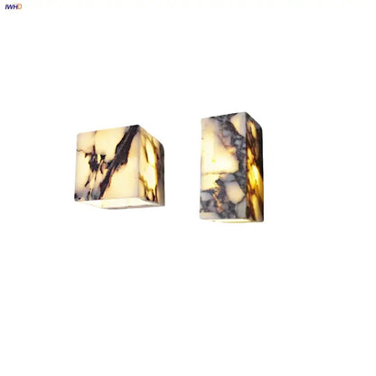 Two rectangular modern bulgari stone led wall lights with alabaster finish and amber veining for bedroom decorbites decor