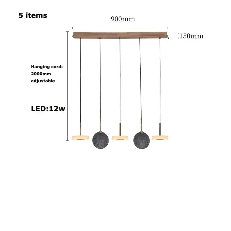Modern burlywood marble led ceiling chandelier with wooden bar and five adjustable black circular led shades for living room decor