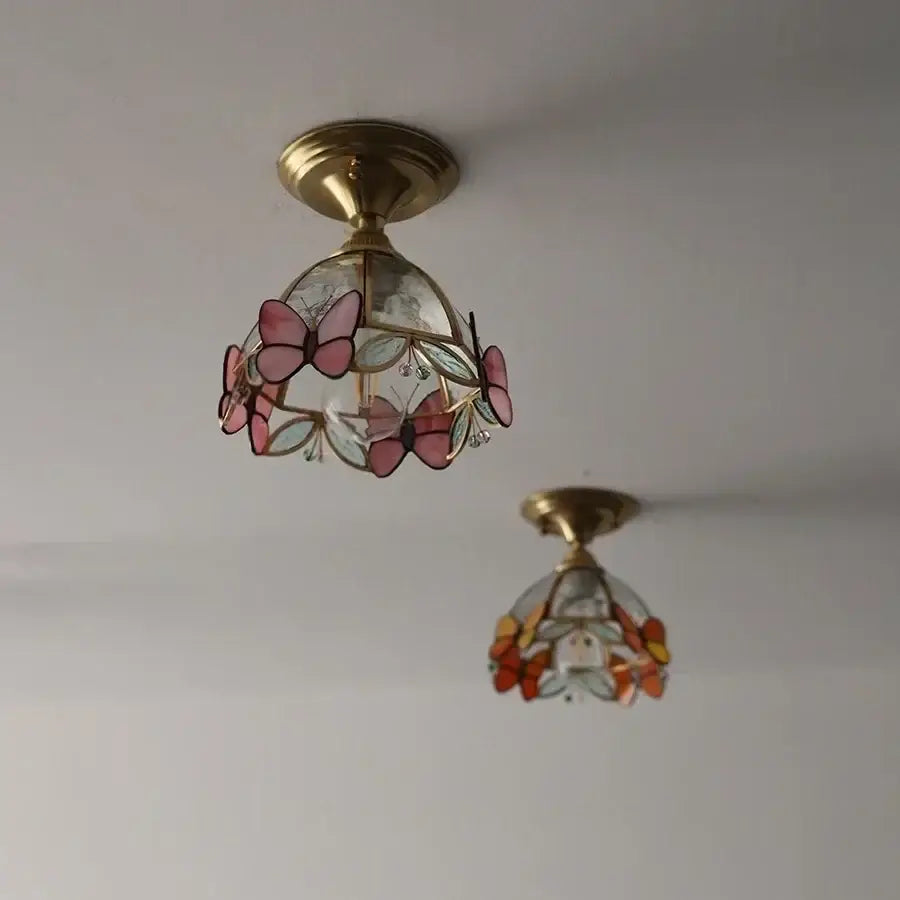 Modern butterfly glass tiffany ceiling light with brass finish and pink green butterfly motifs for bedroom decorbites butterfly glass