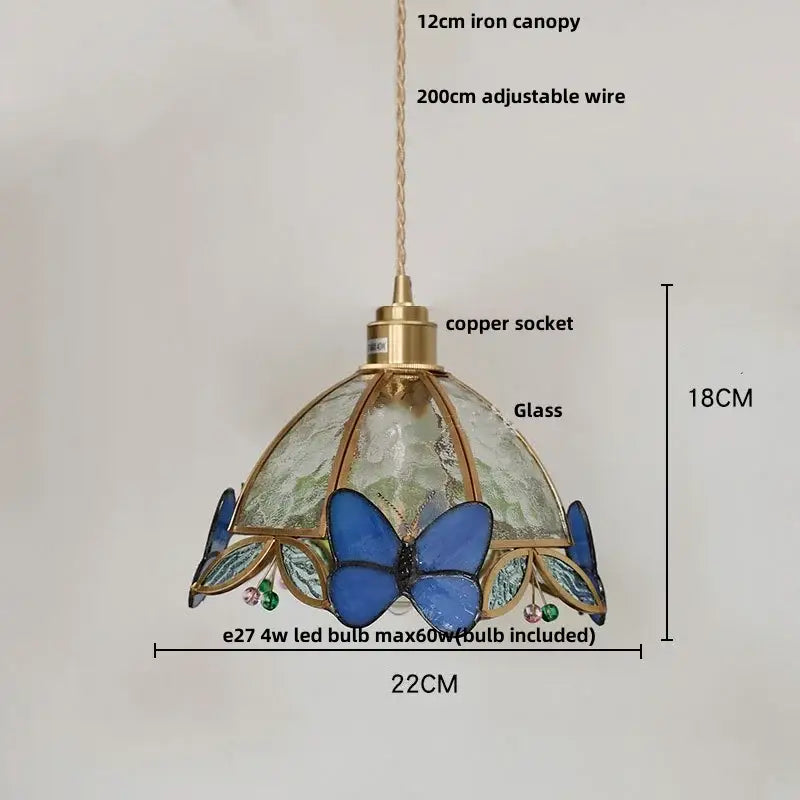 Modern butterfly pink led pendant lamp featuring a blue butterfly stained glass decorbites butterfly pink design with brass frame