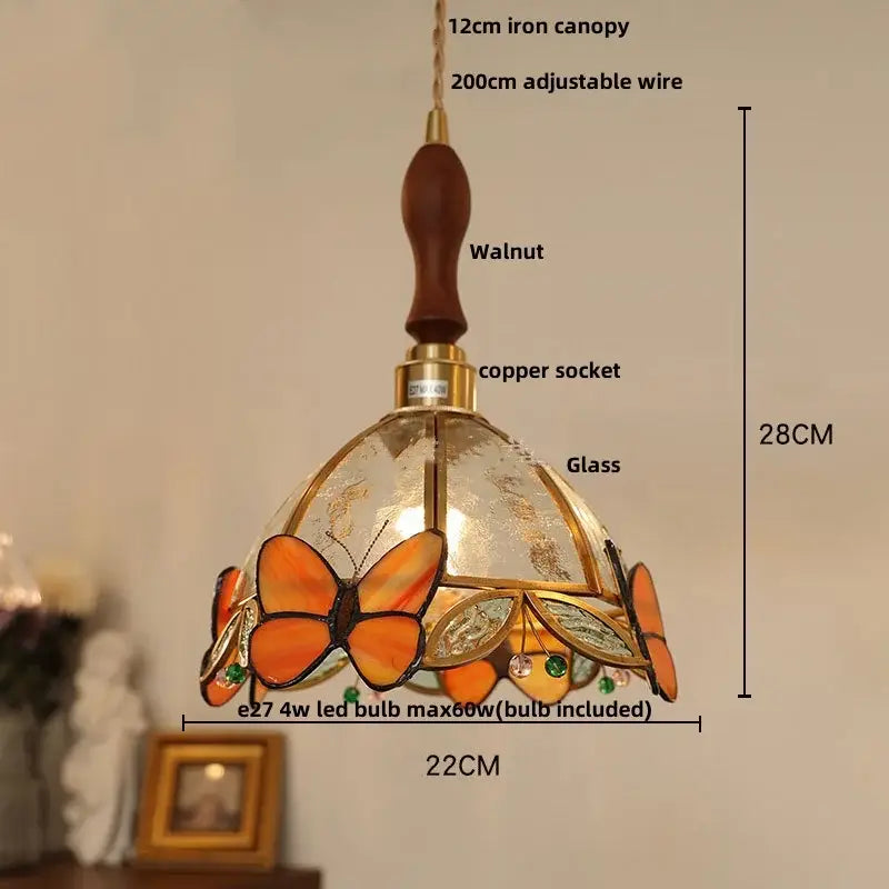 Modern butterfly pink led pendant lamp with orange and green stained glass butterfly motifs and walnut iron canopy decorbites butterfly pink