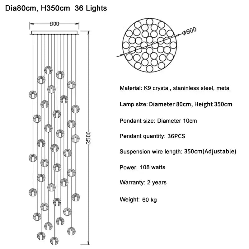 Modern cascading crystal ball led pendant light with 36 k9 crystal pendants on stainless steel metal framework for decorbites