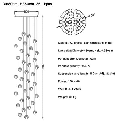 Modern cascading crystal ball led pendant light with 36 k9 crystal pendants on stainless steel metal framework for decorbites